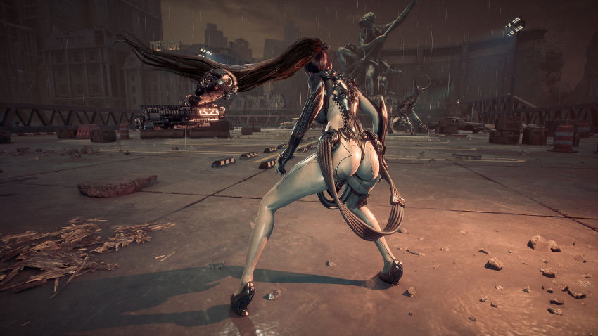 1girl 3d abaddon_(stellar_blade) absurdres ass black_hair bodysuit cyberpunk elite_naytiba_(stellar_blade) eve_(stellar_blade) facing_away high_heels highres long_hair naytiba_(stellar_blade) official_art outdoors ponytail rain raven_suit_(stellar_blade) standing stellar_blade white_bodysuit