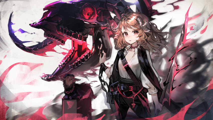 1girl absurdres animal animal_ears arknights belt belt_pouch black_cape black_pants black_sheep blouse blush breasts brown_hair cape chain cleavage collared_shirt commentary_request cowboy_shot eyjafjalla_(arknights) highres holding holding_staff horns long_hair looking_at_viewer mixed-language_commentary pants parted_lips pouch red_eyes ribiadan sheep_ears sheep_girl sheep_horns shirt shoulder_strap simple_background skeleton small_breasts solo staff white_background white_shirt