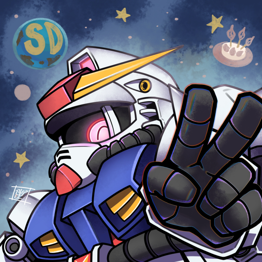 ^_^ cake closed_eyes food glowing glowing_eye gundam hibiki0218 highres mecha mecha_focus mobile_suit nise_gundam one-eyed planet portrait red_eyes robot science_fiction sd_command_chronicles sd_gundam solo space star_(sky) v v-fin