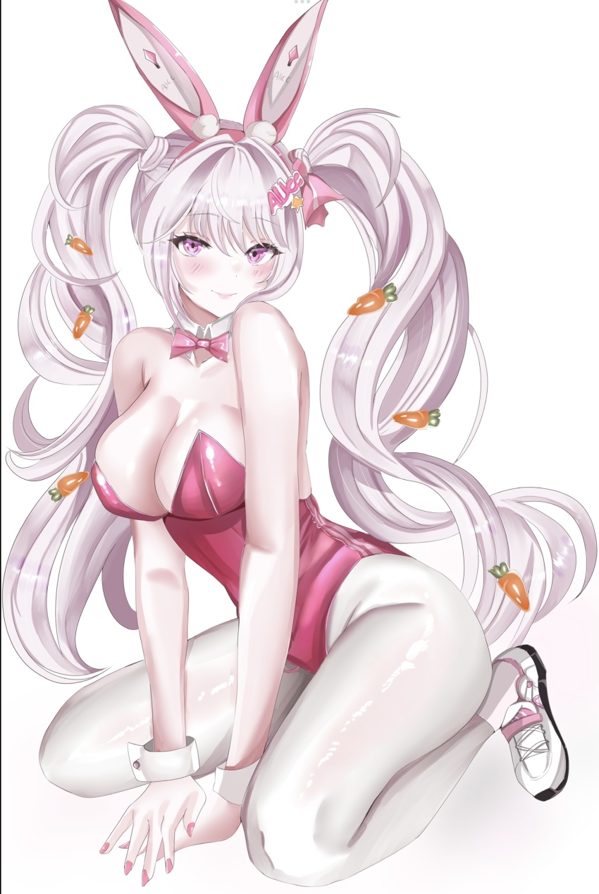 1girl alice_(nikke) alice_(wonderland_bunny)_(nikke) animal_ear_hairband animal_ears bare_arms bare_shoulders between_legs blush bow bowtie breasts carrot_hair_ornament cleavage detached_collar fake_animal_ears food-themed_hair_ornament goddess_of_victory:_nikke hair_between_eyes hair_ornament hairband hand_between_legs highres kneeling kuroshiro030 large_breasts leotard long_hair looking_at_viewer official_alternate_costume pantyhose pink_bow pink_bowtie pink_eyes pink_hairband pink_leotard playboy_bunny rabbit_ear_hairband rabbit_ears shoes sidelocks smile twintails white_pantyhose white_shoes wrist_cuffs