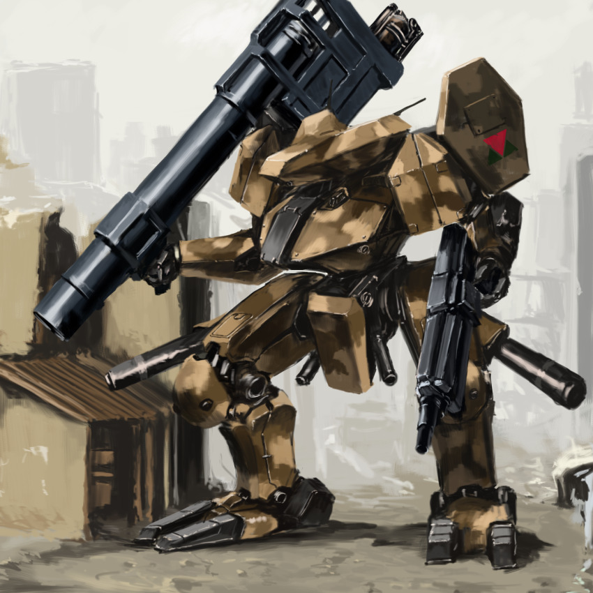 camouflage dual_wielding front_mission gun highres holding holding_gun holding_weapon machine_gun mecha mecha_focus military no_humans rifle robot rocket_launcher science_fiction tyokugekidato weapon woodland_camouflage