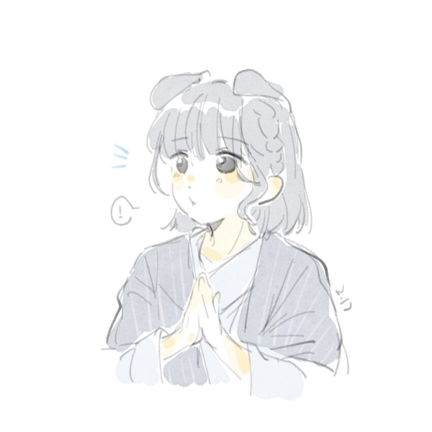 ! 1girl :t animal_ears animification black_hair blunt_bangs blush braid closed_mouth collarbone commentary cropped_torso dated dog_ears grey_kimono highres japanese_clothes kemonomimi_mode kimono link!_like!_love_live! long_sleeves love_live! own_hands_together pout real_life sakurai_hina seeno_de!_hasu_no_sora! side_braid simple_background solo spoken_exclamation_mark symbol-only_commentary voice_actor white_background woodonly