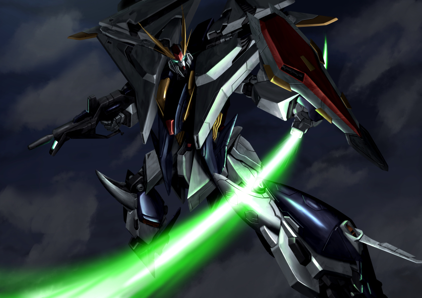 absurdres beam_rifle cloud cloudy_sky color_variation commentary_request energy_beam energy_gun energy_sword glowing glowing_eyes green_eyes gundam gundam_hathaway&#039;s_flash hayatefseiei highres machinery mecha mecha_focus mobile_suit no_humans original redesign robot science_fiction scope shield sky sword v-fin weapon xi_gundam