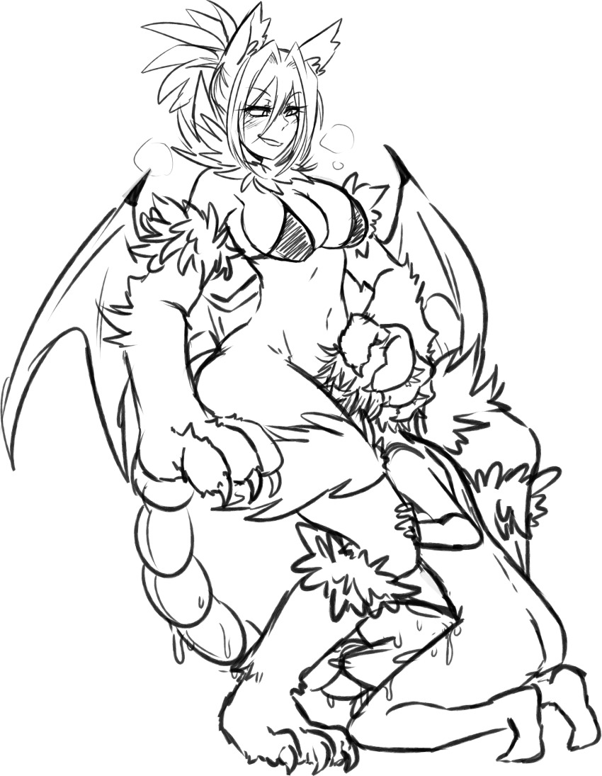 1boy 1girl animal_ear_fluff animal_ears animal_hands assertive_female bat_wings bikini bikini_top_only blush breasts claws cleavage cunnilingus femdom grin hetero highres large_breasts manticore manticore_(monster_girl_encyclopedia) midriff monochrome monster_girl monster_girl_encyclopedia monster_girl_encyclopedia_ii oral smile swimsuit tail tailjob thighs wings