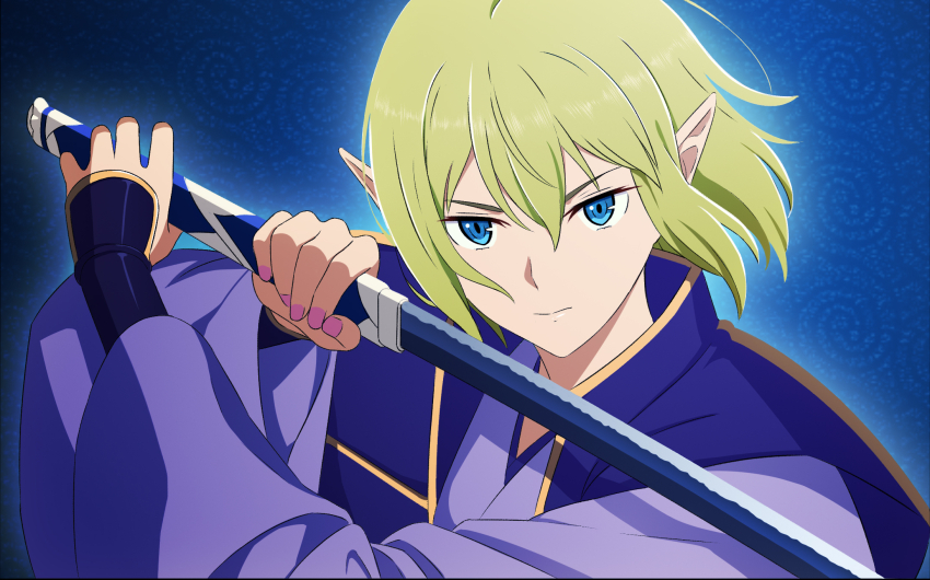 1girl blue_eyes buruma dungeon_ni_deai_wo_motomeru_no_wa_machigatteiru_darou_ka elf fate/stay_night fate_(series) green_buruma green_hair highres holding holding_sword holding_weapon jacket katana planted planted_sword planted_weapon pointy_ears purple_jacket rayish ryu_lion sasaki_kojirou_(fate) sword weapon