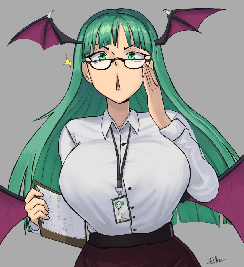 1girl adjusting_eyewear alternate_costume artist_name bat_wings breasts clipboard commentary darkstalkers demon_girl english_commentary glasses green_eyes green_hair head_wings highres holding holding_clipboard long_hair looking_at_viewer morrigan_aensland name_tag office_lady purple_skirt shirt signature skirt slit_pupils star_(symbol) t-shirt tallinax veins veiny_wings wings