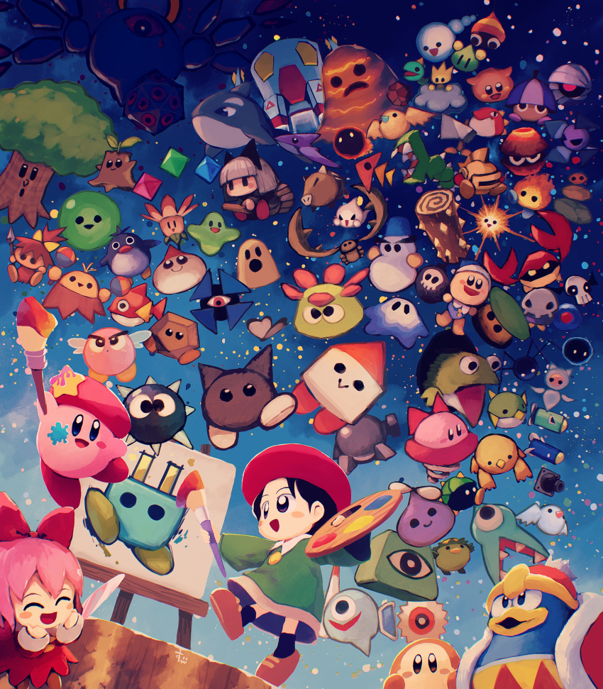 2girls 3boys 6+others absurdres acro_(kirby) adeleine artist_kirby beak beanie beret bird bivolt black_hair blowfish_(kirby) blush_stickers bo_(kirby) bobo_(kirby) bomb bonehead_(kirby) bouncy_(kirby) bronto_burt bumber_(kirby) burnis_(kirby) cairn cannon canvas_(object) chacha_(kirby) child chilly_(kirby) closed_eyes coat copy_ability creature dress drop_(kirby) dutch_angle emp_(kirby) everyone explosive fish fishbone_(kirby) flopper_(kirby) flora_(kirby) flutter_(kirby) flying frigis_(kirby) fur_coat gabon_(kirby) galbo_(kirby) ghost_knight_(kirby) glom_(kirby) glunk_(kirby) gobblin_(kirby) gordo hack_(kirby) hair_ribbon happy hat highres hr-h i3_(kirby) icharacter:3_(kirby) kabu_(kirby) kacti_(kirby) kany_(kirby) kapar_(kirby) keke_(kirby) king_dedede kirby kirby_(series) kirby_64 lance looking_to_the_side magman magoo_(kirby) mahall_(kirby) mariel_(kirby) maw_(kirby) miracle_matter mite_(kirby) monster mopoo_(kirby) multiple_boys multiple_girls multiple_others mumbies_(kirby) n-z night night_sky nintendo noo_(kirby) nruff open_mouth outdoors paint paint_splatter paintbrush painting_(action) painting_(object) paint_palette pedo_(kirby) penguin pink_hair pix_(kirby) plugg_(kirby) polearm pompey_(kirby) poppy_bros_jr propeller_(kirby) pteran punc_(kirby) pupa_(kirby) putt_(kirby) ribbon ribbon_(kirby) rockn_(kirby) rocky_(kirby) sandman_(kirby) sawyer_(kirby) scarfy shield shoes short_hair shotzo sir_kibble skirt skud_(kirby) sky slushy_(kirby) smile smock snipper_(kirby) spark-i sparky_(kirby) splinter_(kirby) squibby star_(sky) starry_sky suyasuyabi tick_(kirby) tongue tree tree_stump turbite_(kirby) waddle_dee weapon whispy_woods whispy_woods_jr. yariko_(kirby) zebon zero_two_(kirby) zoos_(kirby)