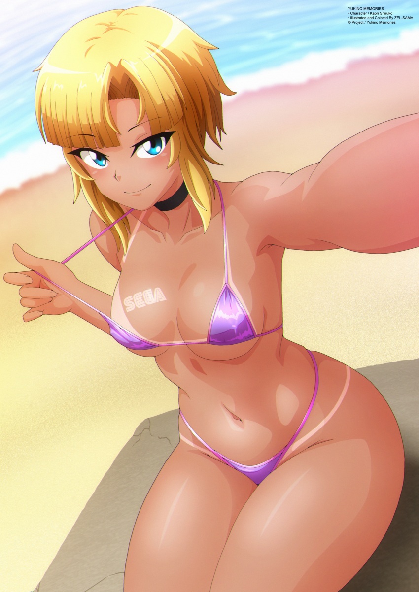 1girl absurdres beach bikini bikini_tan bikini_top_pull blonde_hair blue_eyes blush breast_tattoo breasts choker collarbone covered_erect_nipples highres kaori_shiruko looking_at_viewer medium_breasts micro_bikini navel ocean purple_bikini sand sega short_hair sitting smile swimsuit tan tanline tattoo water yukino_memories zel-sama