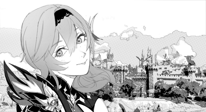 1girl absurdres brick_wall commission eula_(genshin_impact) floating_hair genshin_impact greyscale hair_between_eyes hairband head_tilt highres looking_at_viewer looking_to_the_side medium_hair monochrome portrait shirt smile solo statue_of_the_seven tree vision_(genshin_impact) xyanaid