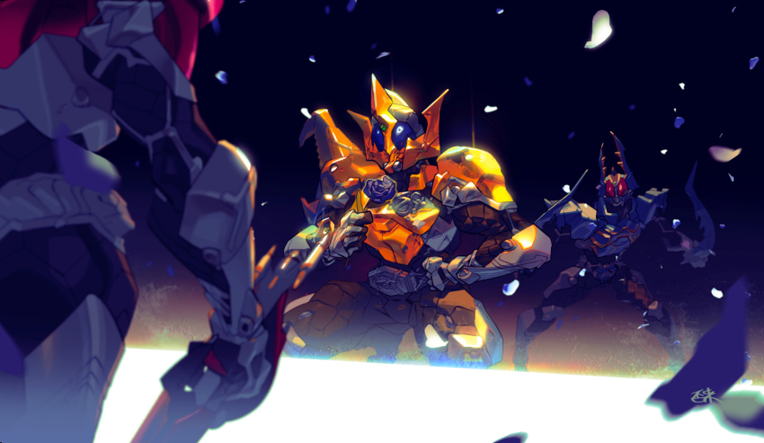 3boys armor armored_bodysuit armored_boots armored_gloves belt belt_buckle black_bodysuit blue_armor blue_eyes blue_flower blue_horns blue_petals blue_rose bodysuit boots bracelet breastplate buckle compound_eyes rider_belt falling_petals flower from_behind gatack_zecter gloves gun hand_on_own_hip helmet highres holding holding_flower holding_gun holding_knife holding_sword holding_weapon horns inaki_shinrou jewelry kamen_rider kamen_rider_caucasus kamen_rider_gatack kamen_rider_kabuto kamen_rider_kabuto_(series) knife kunai mechanical_horns multicolored_armor multiple_boys petals red_armor red_eyes rider_belt rose shoulder_armor sitting squatting sword vambraces weapon white_petals yellow_armor yellow_horns