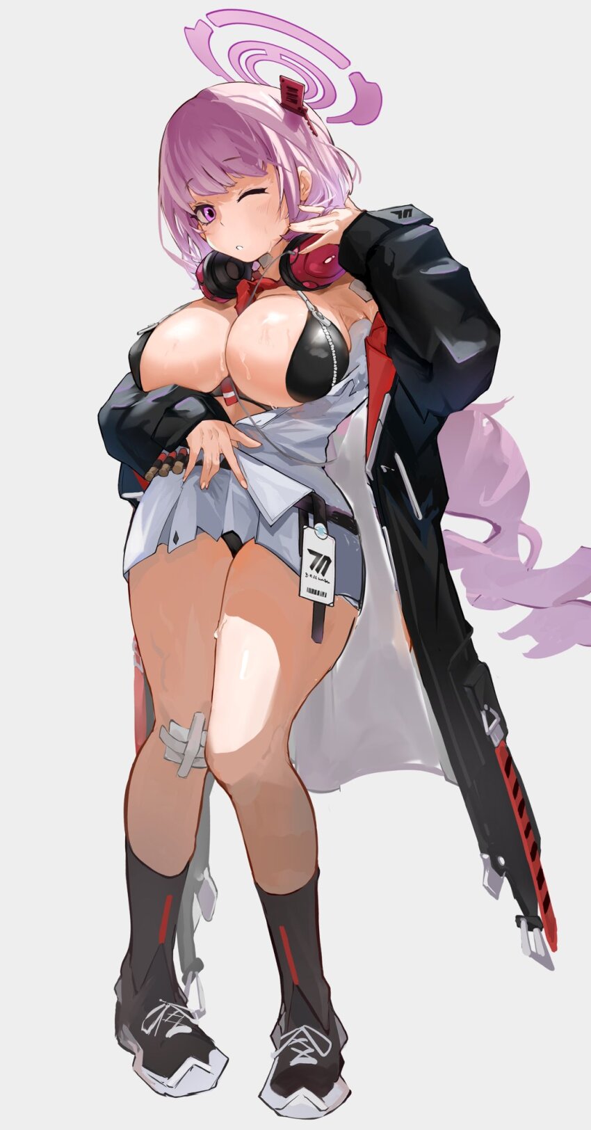 1girl bikini black_bikini black_coat black_shoes black_socks blue_archive breast_zipper breasts coat commentary commentary_request eimi_(blue_archive) fingernails full_body gauze_on_knee grey_background halo hand_up headphones headphones_around_neck highres kneehighs kuriband1 large_breasts long_hair long_sleeves looking_at_viewer one_eye_closed open_clothes parted_lips pink_eyes pink_hair pink_halo revision shoes simple_background socks solo swimsuit zipper_bikini