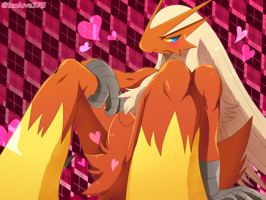 absurdres bad_id bad_pixiv_id beak blaziken blonde_hair blue_eyes blush claws closed_mouth colored_sclera creatures_(company) furry game_freak gen_3_pokemon highres jacknaiff long_hair nintendo pokemon pokemon_(creature) sitting solo teoluve378 yellow_sclera