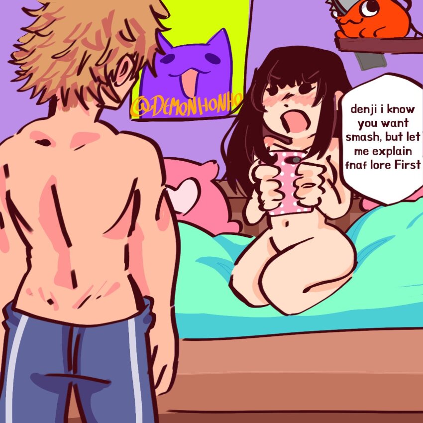 1boy 1girl artist_request bed cellphone chainsaw_man denji_(chainsaw_man) english_text kneeling mitaka_asa nude phone smartphone speech_bubble topless_male