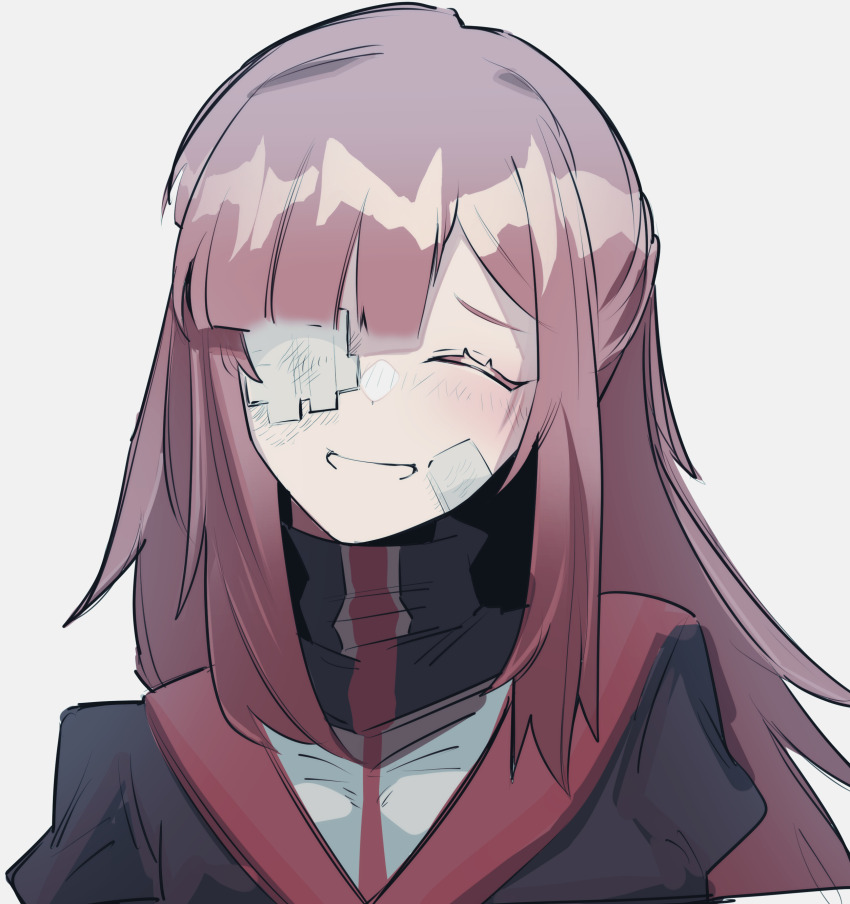 1girl absurdres bandaid bandaid_on_face blush closed_eyes gauze gauze_over_eye highres limbus_company long_hair madotsuki_ren parted_lips project_moon red_hair sidelocks simple_background smile solo very_long_hair white_background yuri_(project_moon)