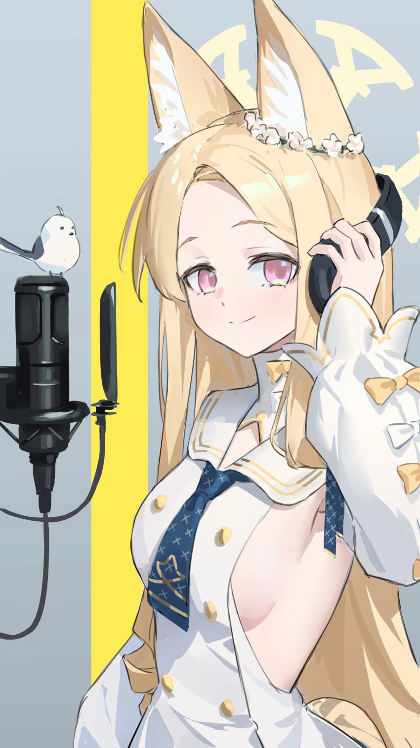 1girl absurdres animal_ear_fluff animal_ears bird blonde_hair blue_archive breasts cross_halo detached_sleeves dress flower forehead fox_ears hair_flower hair_ornament halo headphones highres long-tailed_tit long_hair looking_at_viewer microphone pop_filter seia_(blue_archive) shortofsugar sideboob small_breasts smile solo studio_microphone the_first_take tit_(bird) upper_body white_bird white_dress yellow_eyes yellow_halo