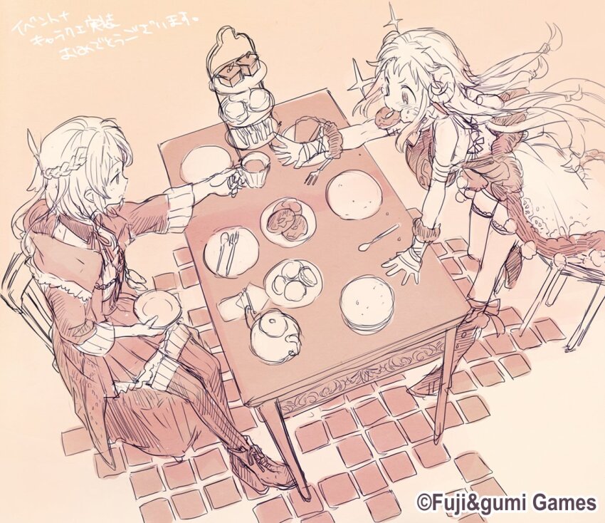 2girls braid closed_mouth commentary_request copyright_notice cup donut eating food fork from_above half_up_braid hand_on_table lofia_(ta_ga_tame_no_alchemist) long_hair milis_(ta_ga_tame_no_alchemist) multiple_girls official_art on_chair outstretched_arm plate second-party_source sitting sparkle spoon standing ta_ga_tame_no_alchemist table tea teacup teapot thighhighs watarubou