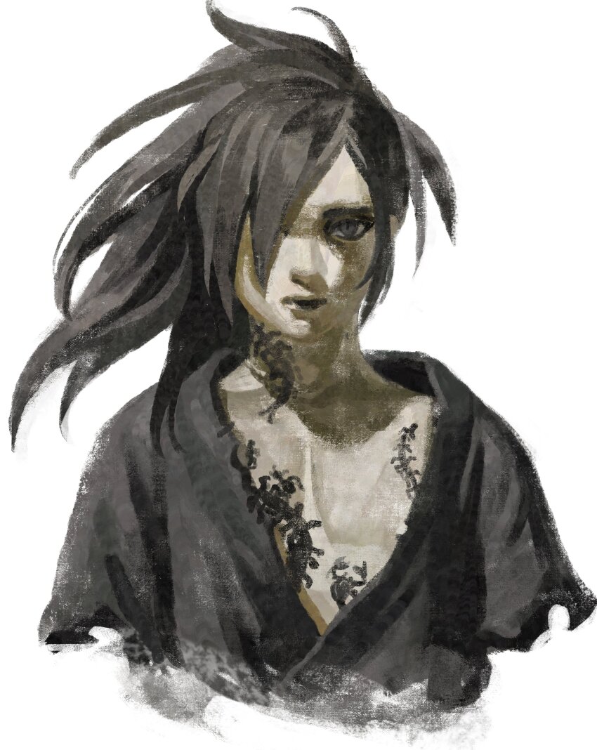 1boy absurdres amputee ant armless_amputee black_hair black_kimono bug centipede cropped_torso dororo_(tezuka) double_amputee expressionless hair_over_one_eye highres hyakkimaru_(dororo) insect japanese_clothes kimono long_hair looking_at_viewer male_focus missing_limb partially_shaded_face ponytail scorpion silverheather