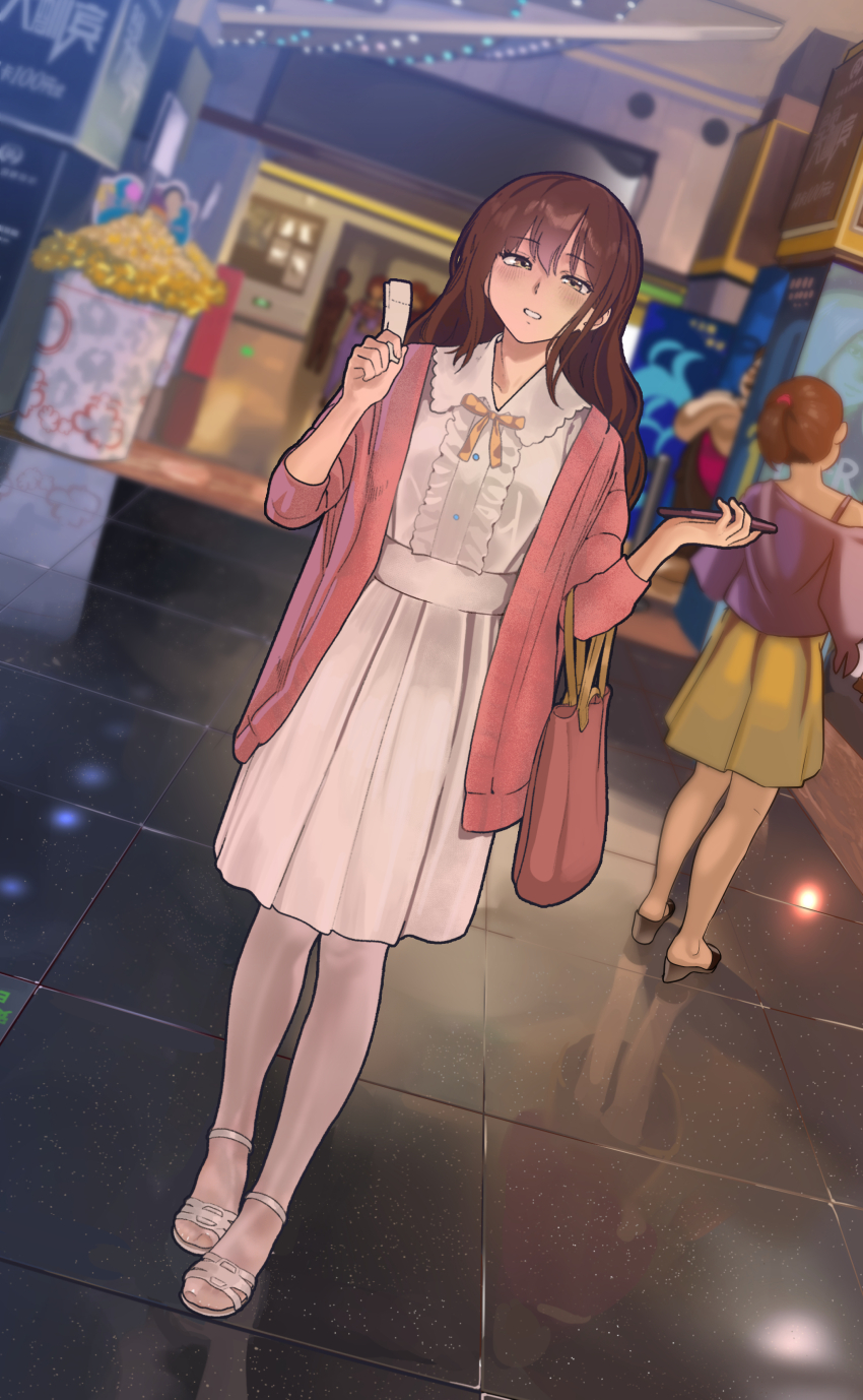 2boys 3girls absurdres bag blush brown_eyes brown_hair center_frills child chinese_text commentary crossed_arms dress dutch_angle feet frills green_skirt hairband hallway hand_up high_heels highres holding holding_phone indoors jacket long_hair multiple_boys multiple_girls off_shoulder original pants pantyhose people phone pink_bag pink_jacket pink_ribbon ribbon sandals see-through_clothes see-through_legwear shirt shoes shorts single_bare_shoulder skirt smile supermarket ticket tile_floor tiles toenails toes white_dress white_pantyhose yewang19 yu_xuan_(yewang19)