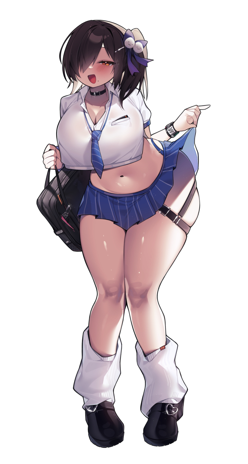 1girl :d absurdres bag loose_socks black_choker black_footwear black_hair blue_necktie blue_skirt blush breasts brown_eyes choker cleavage clothes_lift collared_shirt commentary_request curvy diagonal-striped_clothes diagonal-striped_necktie full_body goddess_of_victory:_nikke hair_ornament hair_over_one_eye hair_ribbon highres large_breasts lifting_own_clothes medium_hair mole mole_under_mouth naga_(nikke) navel necktie open_mouth ribbon school_bag school_uniform sen_light shirt short_sleeves simple_background skirt skirt_lift smile socks solo standing striped_clothes white_background white_shirt white_socks