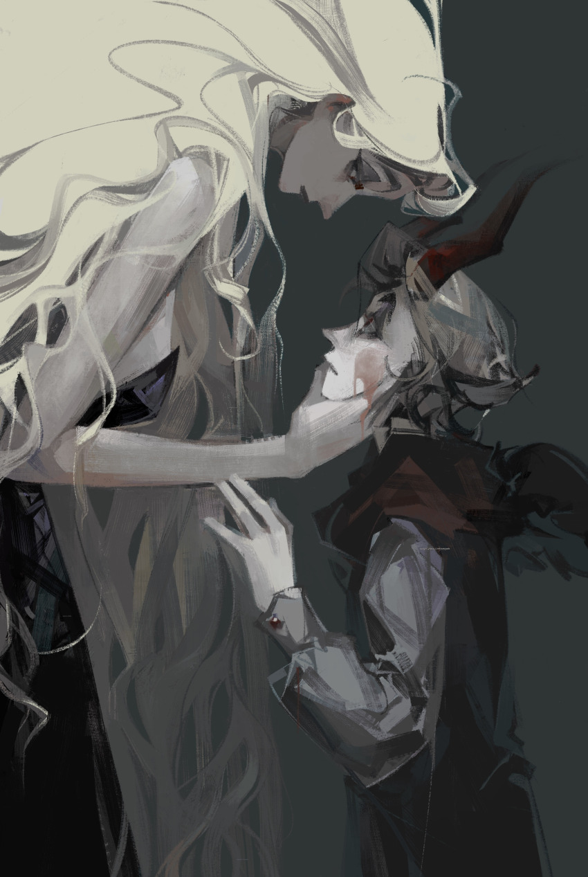 1boy 1girl 2652893384 absurdres black_dress blonde_hair blush_stickers couple demon_boy demon_girl dress expressionless hair_slicked_back hazbin_hotel hetero highres husband_and_wife lilith_(hazbin_hotel) long_hair looking_at_another lucifer_morningstar_(hazbin_hotel) very_long_hair