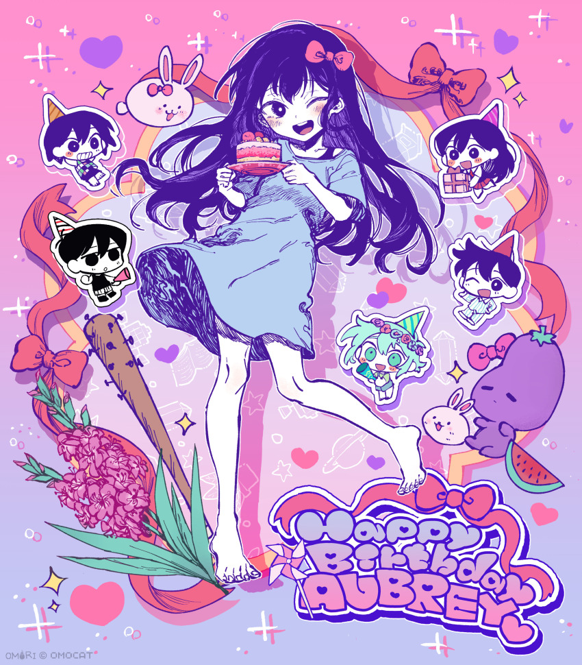 2girls 3boys absurdres aubrey_(headspace)_(omori) aubrey_(omori) barefoot baseball_bat basil_(headspace)_(omori) basil_(omori) birthday_cake blue_dress bow cake chibi copyright_notice dress feet flower food gift gradient_background hair_bow happy_birthday hat hero_(headspace)_(omori) hero_(omori) highres holding holding_plate konoito_nui long_hair mari_(headspace)_(omori) mari_(omori) multiple_boys multiple_girls nail nail_(hardware) nail_bat official_art omori omori_(omori) one_eye_closed open_mouth outline party_hat pink_background pink_hair plate teeth upper_teeth_only white_outline