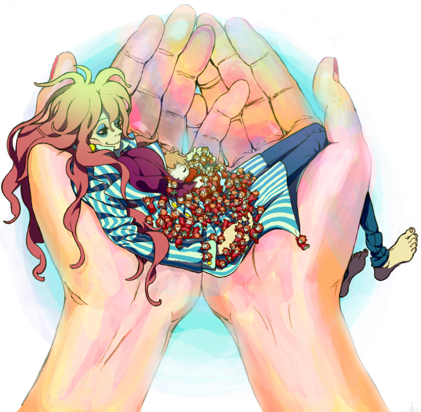 00s baby bad_id bad_pixiv_id chibi child fujimoto gake_no_ue_no_ponyo giant giantess grandmanmare in_palm long_hair male_focus mini_person minigirl nasou ninton ponyo ponyo_sisters striped studio_ghibli