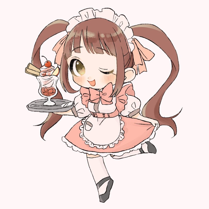 1girl :d apron black_footwear blunt_bangs blush bow bowtie breasts brown_eyes brown_hair cherry chibi chibi_only curtsey dot_nose food frilled_apron frills fruit full_body hair_ribbon highres htnmanpp idolmaster idolmaster_million_live! idolmaster_million_live!_theater_days long_hair looking_at_viewer maid_headdress matsuda_arisa official_alternate_costume one_eye_closed open_mouth parfait pink_background pink_bow pink_bowtie pink_ribbon pocket pretty_waitress_(idolmaster) puffy_short_sleeves puffy_sleeves ribbon short_sleeves sidelocks simple_background small_breasts smile solo standing standing_on_one_leg thighhighs tray twintails underbust very_long_hair waist_apron wavy_hair white_apron white_thighhighs zettai_ryouiki