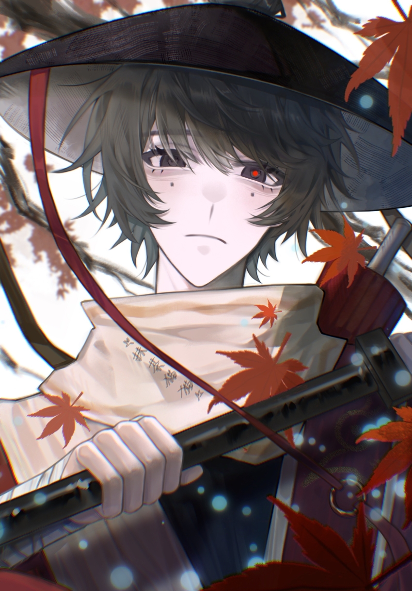 1boy ajirogasa black_eyes black_hair black_hat cen_boyao chinese_commentary closed_mouth commentary_request frown hat highres holding huayangshan_jishi leaf looking_at_viewer male_focus maple_leaf mismatched_pupils mole mole_under_each_eye mole_under_eye multiple_moles red_pupils shirt solo upper_body variant_set white_shirt yikelanli58187