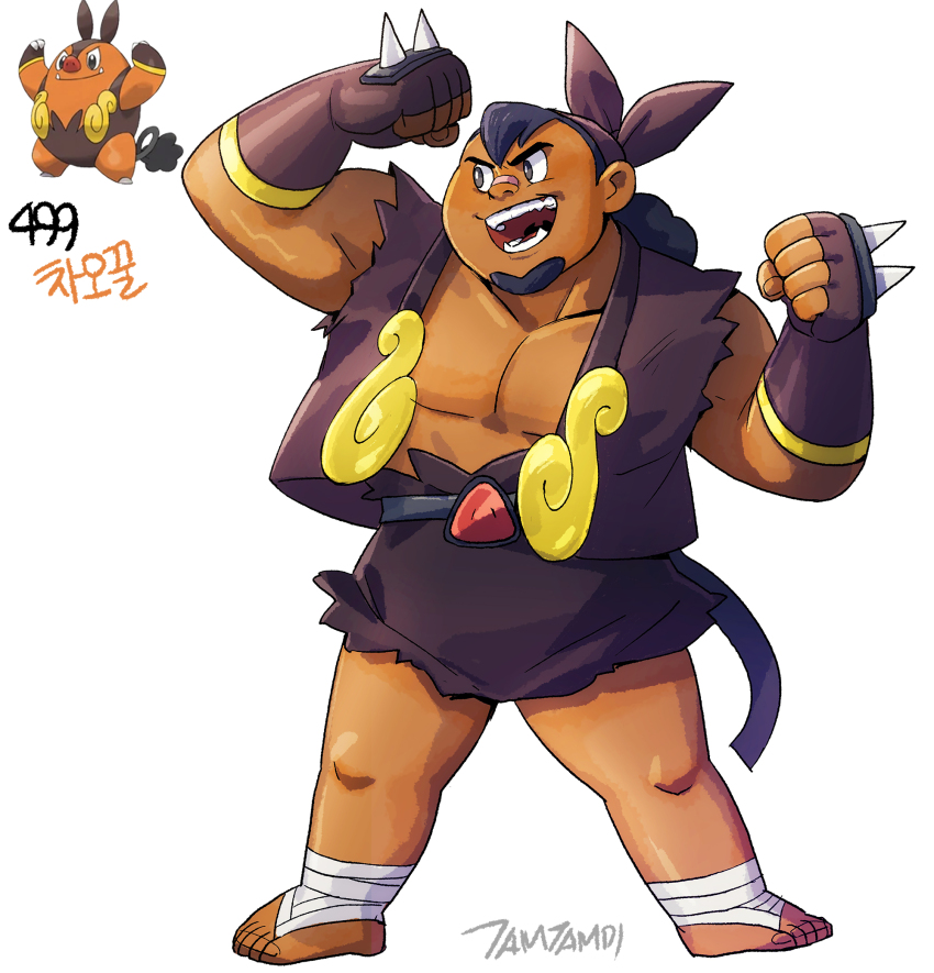 1boy bandaid bandaid_on_face bandaid_on_nose bare_pectorals black_eyes black_facial_hair black_hair bright_pupils clenched_hands creature_and_personification facial_hair fingerless_gloves full_body game_freak gen_5_pokemon gloves goatee highres male_focus muscular muscular_male nintendo orange_shirt pectorals personification pignite pokemon pokemon_(creature) reference_inset shirt signature tamtamdi toenails translated white_pupils