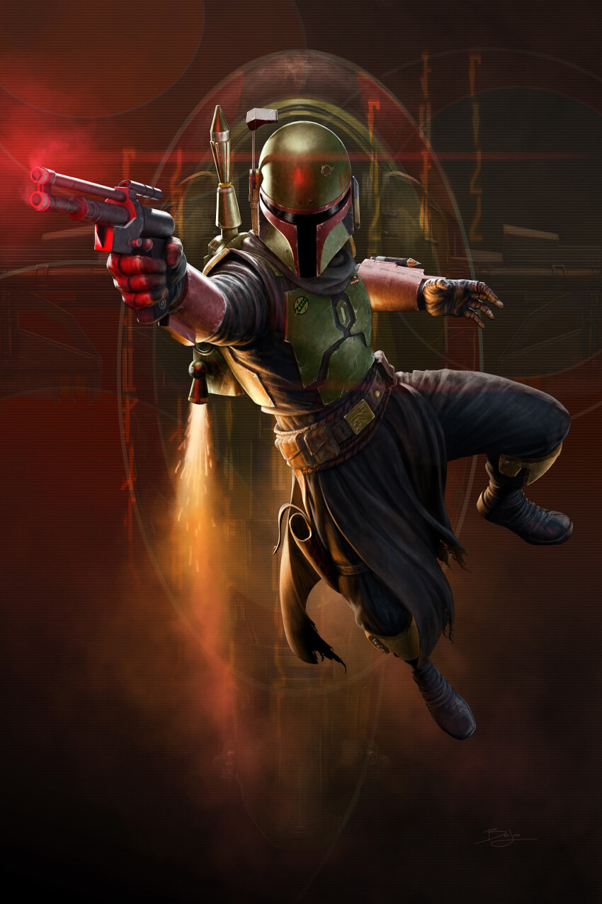 1boy absurdres armor belt ben_judd boba_fett boots breastplate fingerless_gloves full_body gloves gun handgun helmet highres holding holding_gun holding_weapon jetpack pants pelvic_curtain solo star_wars vambraces weapon