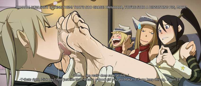 4girls absurdres barefoot black_hair blonde_hair closed_eyes couch elizabeth_thompson english_text feet feet_up femdom foot_focus foot_worship hat highres indoors kiryu_(pixiv44966832) laughing maka_albarn multiple_girls nakatsukasa_tsubaki nervous patricia_thompson ponytail saliva soul_eater tongue tongue_out twintails yuri