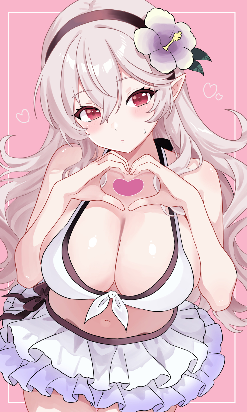 1girl absurdres bikini bikini_skirt black_hairband blush breasts cleavage female_corrin_(fire_emblem) female_corrin_(novice_vacationer)_(fire_emblem) fire_emblem fire_emblem_fates fire_emblem_heroes flower grey_hair hair_between_eyes hair_flower hair_ornament hairband heart heart_hands highres large_breasts long_hair looking_at_viewer n_54 navel nintendo official_alternate_costume pointy_ears red_eyes sideboob skindentation solo stomach sweat sweatdrop swimsuit thighs white_bikini white_hair