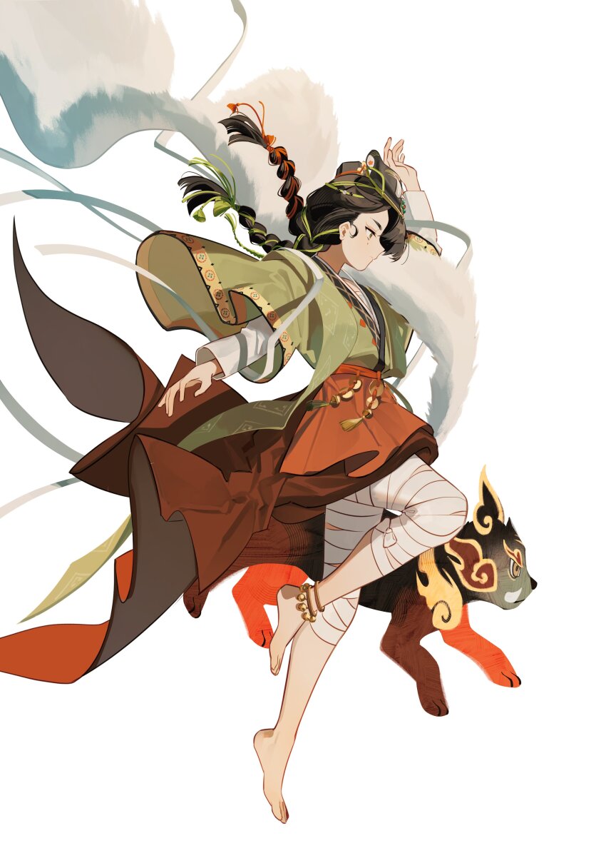 1girl absurdres ankle_bell arm_up bandaged_leg bandages barefoot black_hair braid chinese_clothes feather_boa floating_hair from_side full_body green_hanfu hand_up hanfu highres jumping leg_up leg_wrap liang_yue_(reverse:1999) long_hair low_twin_braids mark_under_eye mask mask_on_head miniskirt monster profile qiangliang_(reverse:1999) red_skirt reverse:1999 skirt solo twin_braids white_background wide_sleeves yellow_eyes ylceon