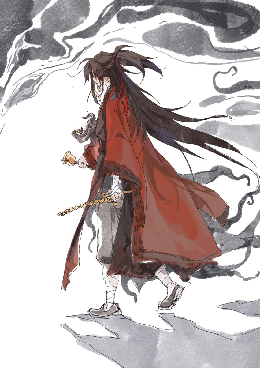 1boy absurdres bandaged_arm bandaged_hand bandaged_leg bandaged_neck bandages bell black_hair black_hanfu black_shoes black_smoke brown_hair chinese_clothes chinese_commentary closed_mouth coat coin coin_mask coin_sword colored_smoke creature dao_gui_yi_xian eyeball from_side full_body hair_ribbon half_updo hanfu highres holding holding_bell holding_sword holding_weapon holed_coin kdsne li_huowang li_sui_(tentacles) long_hair long_sleeves looking_to_the_side male_focus mask mouth_veil pants ponytail profile red_coat red_eyes red_ribbon ribbon robe shoes smoke solo standing sword tentacles veil very_long_hair walking weapon white_background wide_sleeves you_laoye