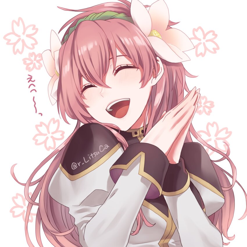 1girl angel_wing_uniform closed_eyes flower galaxy_angel green_hair hair_between_eyes hair_flower hair_ornament highres long_hair long_sleeves milfeulle_sakuraba military_uniform open_mouth own_hands_together pink_hair ritsu_(r_litsuca) smile solo upper_body