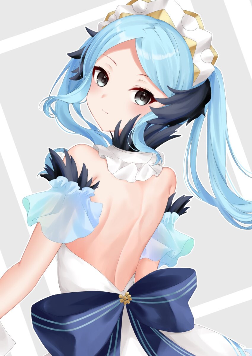 1girl aqua_eyes back backless_dress backless_outfit bare_shoulders black_feathers blue_bow blue_eyes blue_hair blush bow closed_mouth dress ell_0314 feather_dress feather_trim feathers fire_emblem fire_emblem_fates fire_emblem_heroes flora_(fire_emblem) flora_(ice)_(fire_emblem) from_behind highres looking_at_viewer nintendo official_alternate_costume solo strapless strapless_dress twintails upper_body white_dress