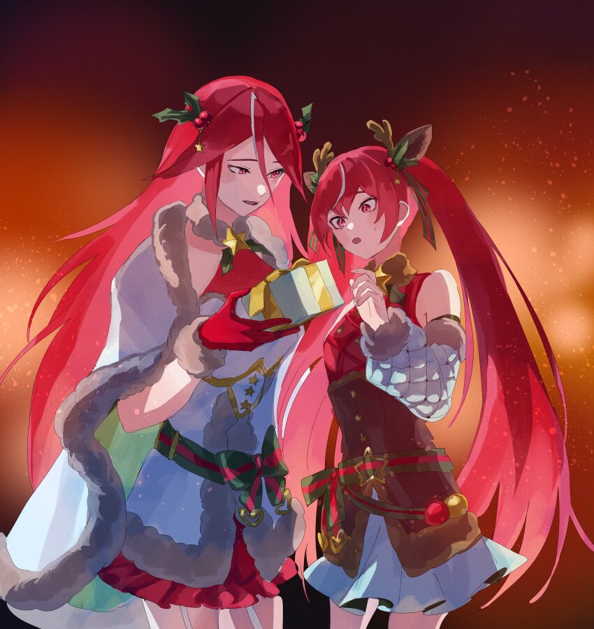 2girls animal_ears antlers bare_shoulders box cordelia_(fire_emblem) cordelia_(winter)_(fire_emblem) deer_ears detached_sleeves fake_antlers fire_emblem fire_emblem_awakening fire_emblem_fates fire_emblem_heroes fusenryo gift gift_box highres holding holding_gift horns long_hair mother_and_daughter multiple_girls nintendo official_alternate_costume red_eyes red_hair reindeer_antlers selena_(fire_emblem_fates) selena_(winter)_(fire_emblem_fates) twintails very_long_hair