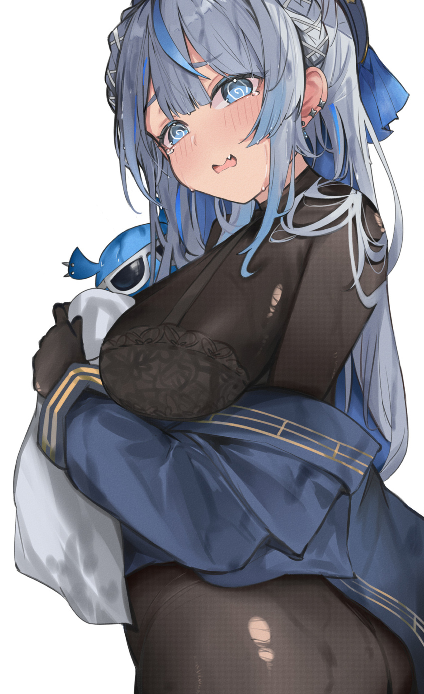 1girl @_@ amagai_ruka appleseed_(appleseed_art) ass black_bra black_pantyhose blue_eyes blue_hair blush bodystocking bra bra_visible_through_clothes braid breasts ear_piercing fang gloves grey_hair hair_between_eyes hat highres holding huge_ass lace lace-trimmed_bra lace_trim large_breasts long_hair long_sleeves looking_at_viewer men_(amagai_ruka) multicolored_hair nervous_sweating open_mouth pantyhose piercing ringed_eyes see-through_clothes shirt simple_background solo sweat turning_head underwear virtual_youtuber weather_planet wet wet_clothes wet_shirt