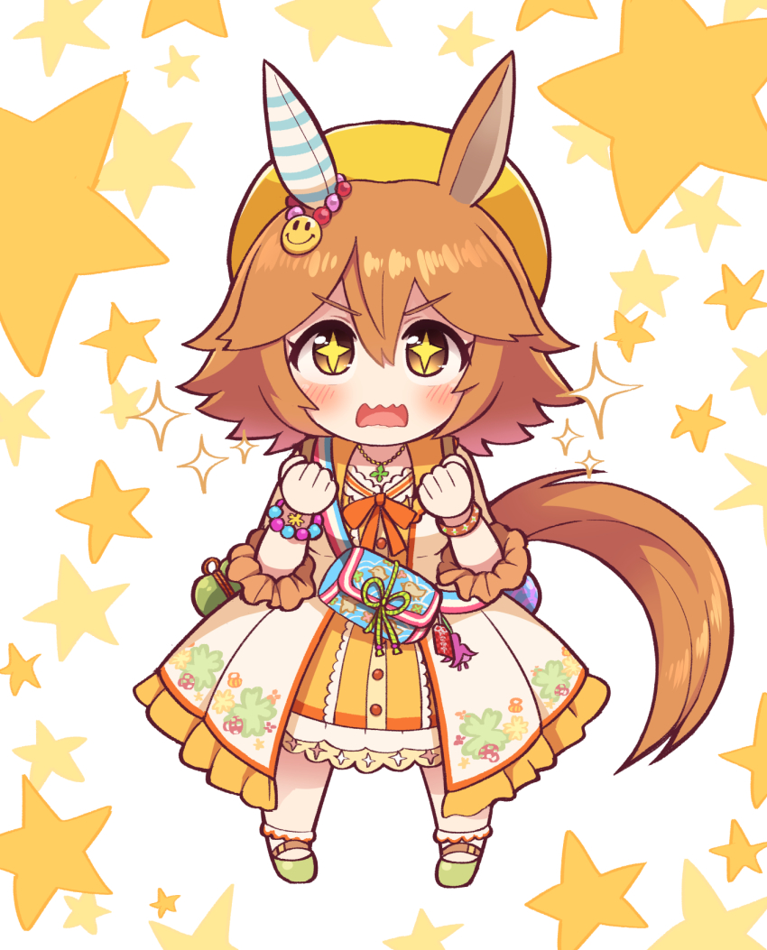 +_+ 1girl :d alternate_costume animal_ears bead_bracelet beads bracelet chibi dress ear_covers earrings fanny_pack flipped_hair frilled_dress frilled_skirt frills hair_ornament highres horse_ears horse_girl horse_tail jewelry matikanefukukitaru_(good_omen_first_storm)_(umamusume) matikanefukukitaru_(umamusume) necklace open_mouth orange_hair simoyuki single_earring skirt smile solo star_(symbol) star_symbol_background tail umamusume v-shaped_eyebrows yellow_eyes