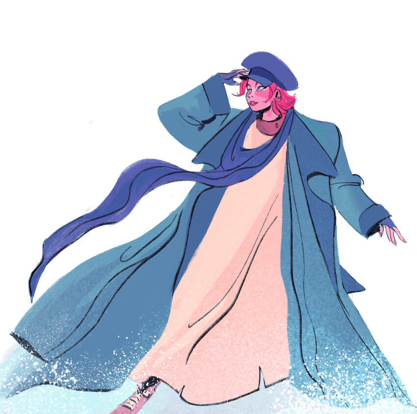 1girl absurdres anastasia_(1997) anya_(anastasia) blue_scarf coat commentary dress english_commentary fingerless_gloves francescarisoldi full_body gloves green_coat hand_on_headwear hat highres long_coat looking_to_the_side orange_hair scarf short_hair sidelocks simple_background solo white_background