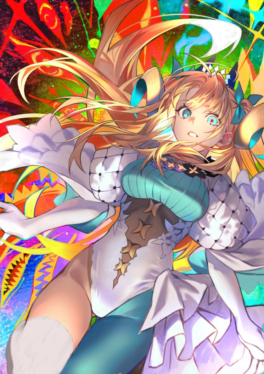 1girl absurdres blonde_hair bow breasts curled_horns elbow_gloves ereshkigal_(fate) fate/grand_order fate_(series) frills gloves green_eyes green_pantyhose hair_bow highres hiro_(hirohiro_gorira) horns leotard long_hair long_sleeves looking_at_viewer medium_breasts pantyhose parted_bangs parted_lips revision single_leg_pantyhose single_thighhigh space_ereshkigal_(fate) space_ereshkigal_(third_ascension)_(fate) thighhighs thighs two_side_up white_gloves white_leotard white_thighhighs