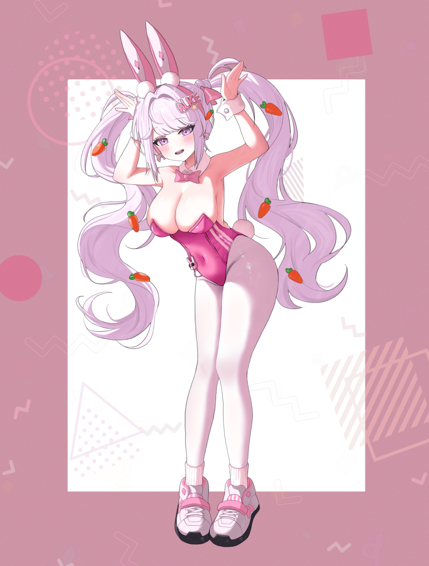 1girl absurdres alice_(nikke) alice_(wonderland_bunny)_(nikke) animal_ears arms_up bare_shoulders blush bow bowtie breasts carrot_hair_ornament character_name cleavage commentary_request covered_navel curvy detached_collar floating_hair food-themed_hair_ornament full_body goddess_of_victory:_nikke groin hair_intakes hair_ornament hair_ribbon highleg highleg_leotard highres korean_commentary large_breasts leaning_forward legs_together leotard long_hair looking_at_viewer mang_722 official_alternate_costume open_mouth pantyhose pink_bow pink_bowtie pink_leotard pink_ribbon playboy_bunny pom_pom_(clothes) pom_pom_hair_ornament purple_eyes rabbit_ears rabbit_pose rabbit_tail ribbon shoes sidelocks simple_background smile solo standing strapless strapless_leotard swept_bangs tail teeth thighs twintails upper_teeth_only very_long_hair white_background white_pantyhose white_shoes white_wrist_cuffs wrist_cuffs