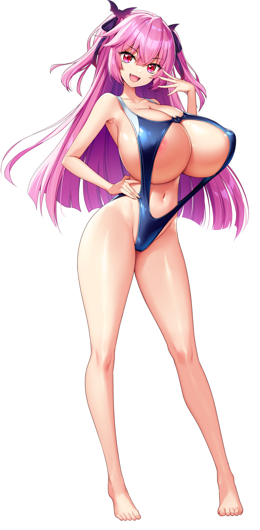 1girl absurdres akagi_rio areola_slip barefoot bat_hair_ornament blue_slingshot_swimsuit breasts chuunibyou cleavage_cutout clothing_cutout competition_swimsuit fang full_body game_cg hair_ornament hair_ribbon hand_on_own_hip hand_to_own_mouth highres huge_breasts lixual_hellmare long_hair looking_at_viewer milk_factory motto!_haramase!_honoo_no_oppai_isekai_oppai_maid_gakuen! navel navel_cutout non-web_source official_art ojou-sama_pose one-piece_swimsuit open_mouth pink_hair red_eyes ribbon sidelocks slingshot_swimsuit smile solo sprite standing strap_gap swimsuit tachi-e transparent_background two_side_up underboob