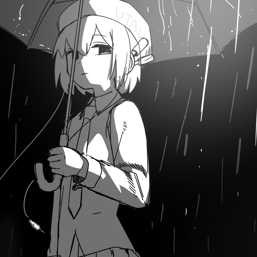 1girl arm_at_side audio_jack beret closed_mouth collared_shirt commentary_request expressionless greyscale half-closed_eyes hand_up hat headphones highres holding holding_umbrella inemuri_(jdq5e) k^2_(utau) long_sleeves looking_at_viewer looking_to_the_side monochrome necktie night outdoors rain shirt short_hair sidelighting simple_background solo umbrella upper_body utane_uta utau