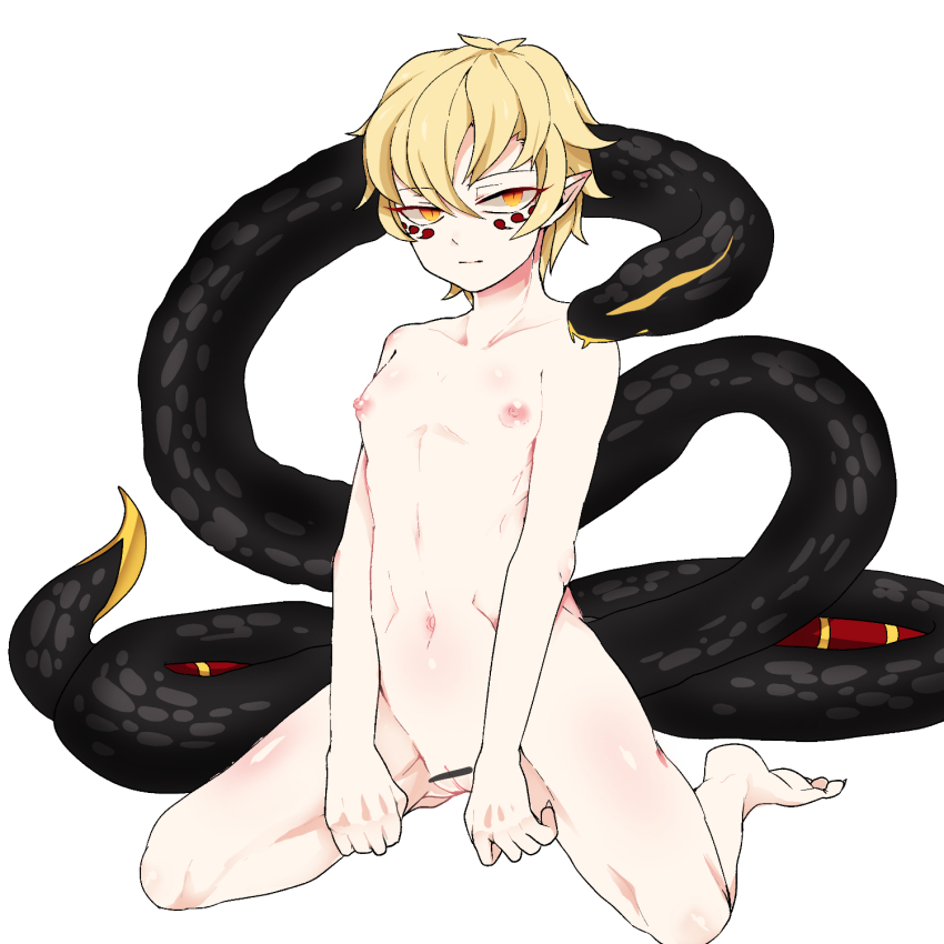 1boy bishounen blonde_hair censored closed_mouth collarbone completely_nude cuntboy_only eye_tattoo facial_mark full_body hair_between_eyes half-closed_eyes hannya_(onmyoji) highres jitome kneeling legs_apart looking_at_viewer male_focus moto_mitsuashi navel nipples nude on_floor onmyoji orange_eyes pointless_censoring pointy_ears pubic_hair pussy reverse_newhalf short_hair sidelocks simple_background sitting slit_pupils snake solo tagme tattoo facial_tattoo tattoo_under_eye wariza white_background