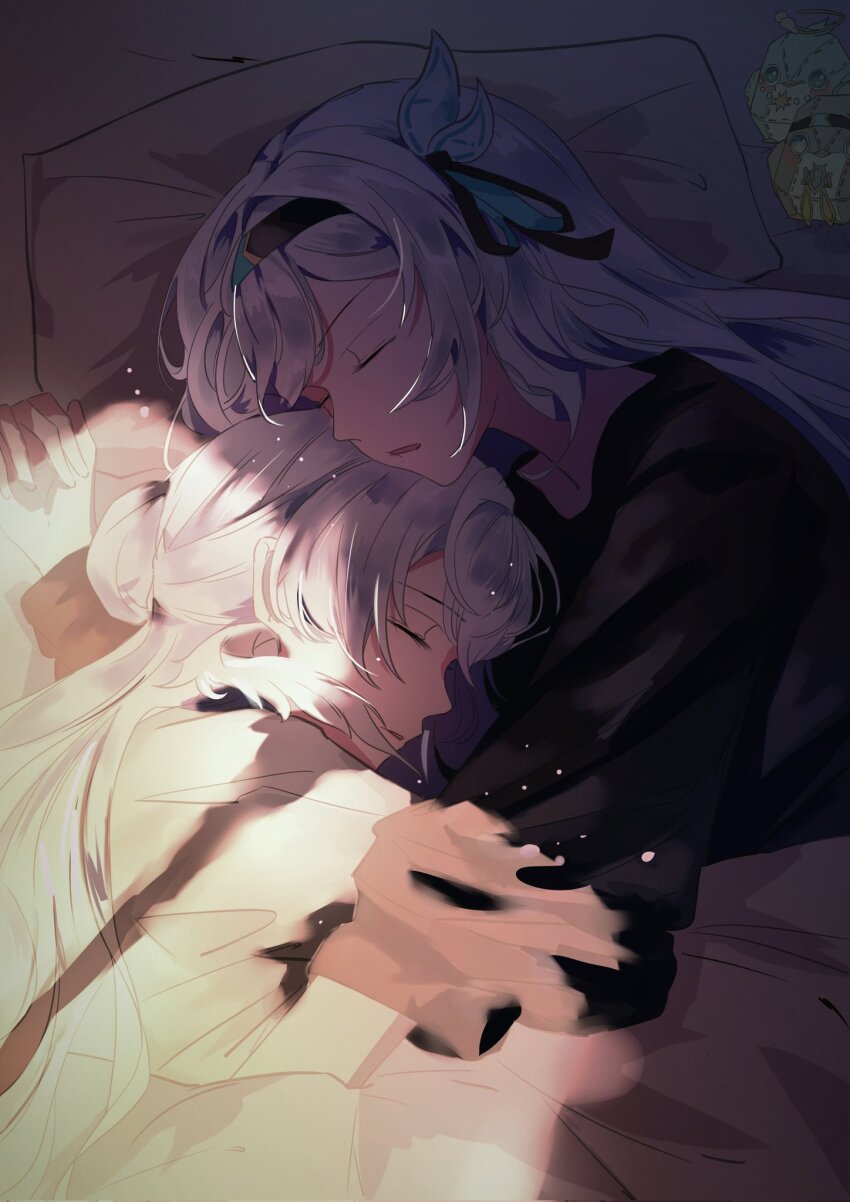 2girls black_hairband black_ribbon black_shirt black_skirt closed_eyes firefly_(birefly)_(honkai:_star_rail) firefly_(honkai:_star_rail) grey_hair hair_between_eyes hair_bun hair_intakes hair_ornament hair_ribbon hairband highres honkai:_star_rail honkai_(series) hug long_sleeves lying multiple_girls on_bed on_pillow on_side open_mouth pillow qingsi ribbon robin_(honkai:_star_rail) robin_(robird)_(honkai:_star_rail) shirt single_hair_bun skirt sleeping