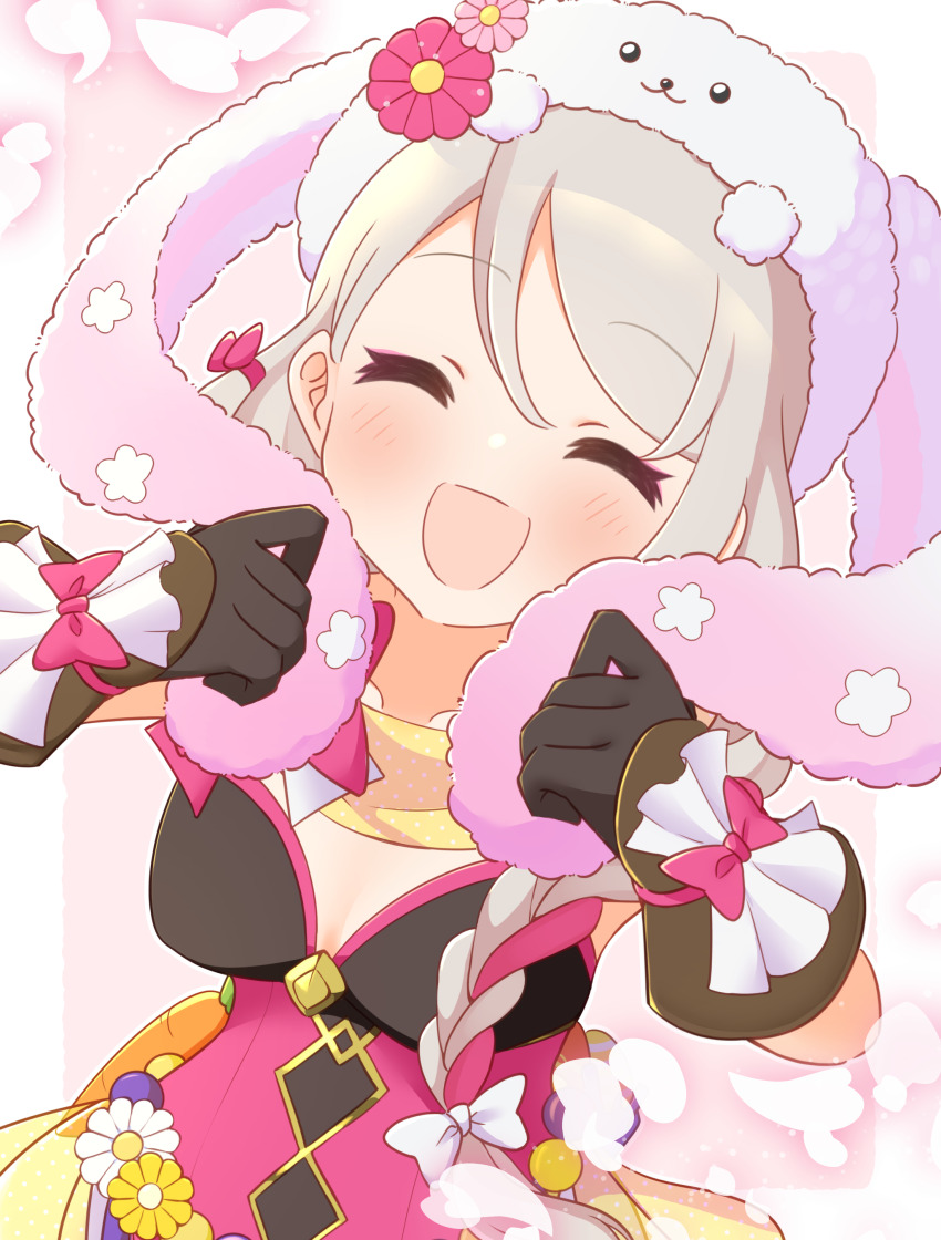 1girl absurdres animal_hat braid braided_ponytail brown_gloves closed_eyes expressive_clothes fire_emblem fire_emblem_engage fire_emblem_heroes framme_(fire_emblem) framme_(spring)_(fire_emblem) gloves hair_over_shoulder hat highres ikonaska nintendo official_alternate_costume open_mouth rabbit_hat scarf solo upper_body yellow_scarf