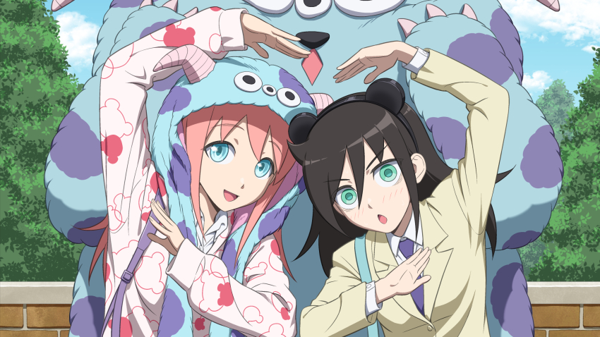 2girls :d animal_ears arm_up backpack bag bags_under_eyes black_hair blazer blue_eyes blue_hood blush cloud collared_shirt commentary_request day fake_animal_ears fake_horns green_eyes hair_between_eyes happy heart_arms_duo highres hood hood_up horned_hood horns ichikawa_masahiro jacket kuroki_tomoko long_hair long_sleeves looking_at_viewer mascot mouse_ears multiple_girls necktie nemoto_hina open_mouth outdoors pink_hair pink_shirt print_shirt purple_necktie school_uniform shirt sidelocks sky smile tree upper_body watashi_ga_motenai_no_wa_dou_kangaetemo_omaera_ga_warui! white_shirt yellow_jacket