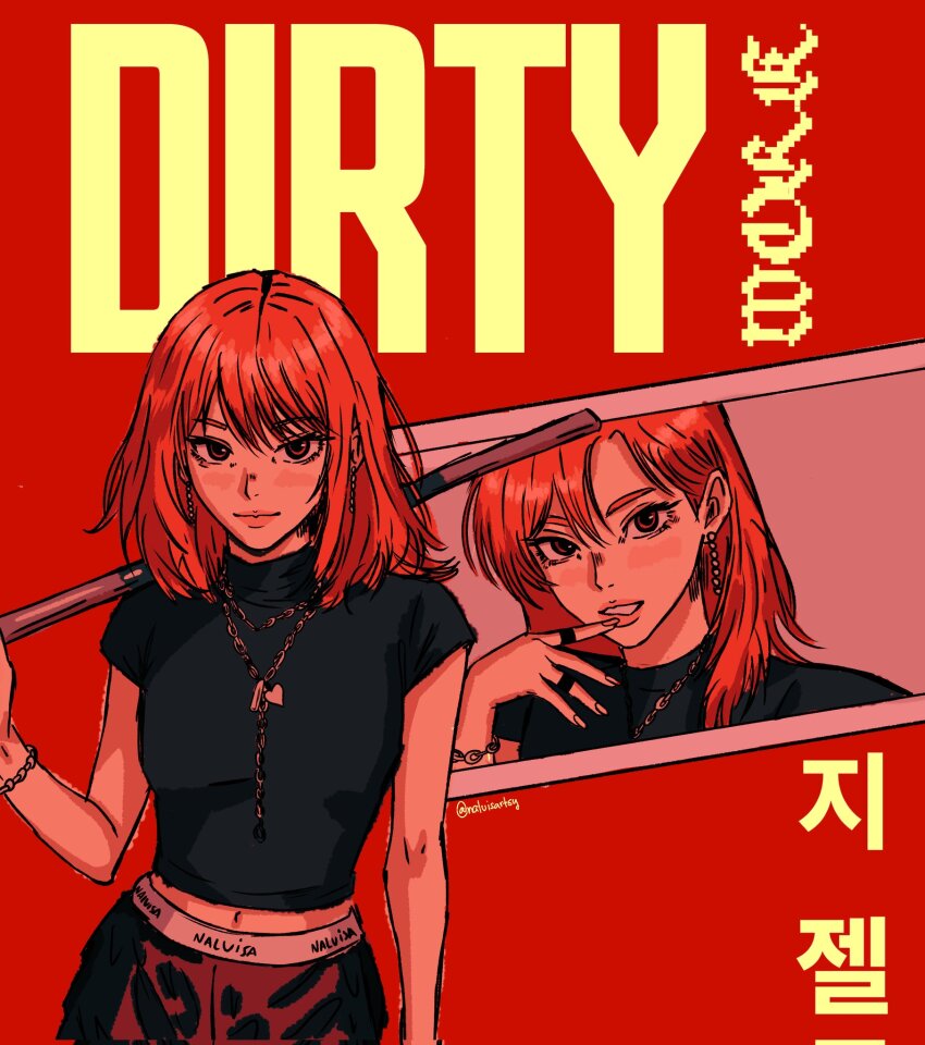 1girl aespa black_shirt bracelet earrings giselle_(aespa) hair_behind_ear highres holding jewelry k-pop looking_at_viewer medium_hair multiple_views naluisartsy necklace real_life ring shirt smile song_name twitter_username