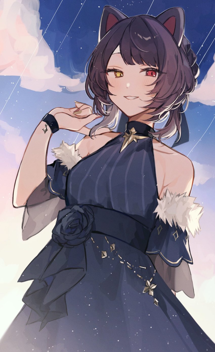 1girl alternate_costume animal_ears arm_behind_back bare_shoulders black_hair blue_dress blue_flower blue_sash bracelet breasts brooch cloud commentary_request cowboy_shot dog_ears dog_girl dress flower fur-trimmed_sleeves fur_trim hand_up heterochromia highres inui_toko jewelry looking_at_viewer medium_breasts medium_hair nijisanji parted_lips red_eyes sash shooting_star short_sleeves sky smile solo tojimobu virtual_youtuber yellow_eyes
